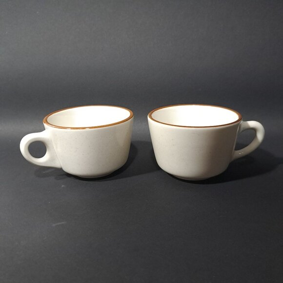 Syracuse China Mesa Grande Speckled Cream Mugs Brown Rim 3 5/8" Wide Set Of 2 - Picture 1 of 8